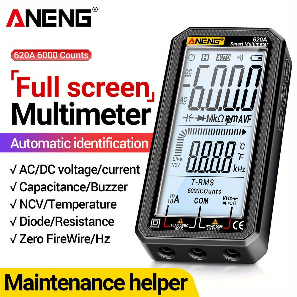 ANENG 620A is a high precision, multi-functional smart multimeter with a 6000 count full screen, digital display that is automatic and shift-free.