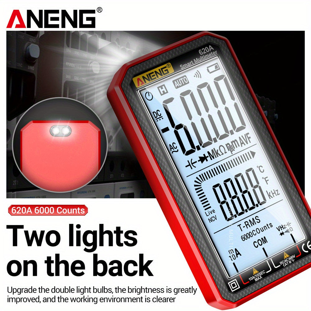 ANENG 620A is a high precision, multi-functional smart multimeter with a 6000 count full screen, digital display that is automatic and shift-free.