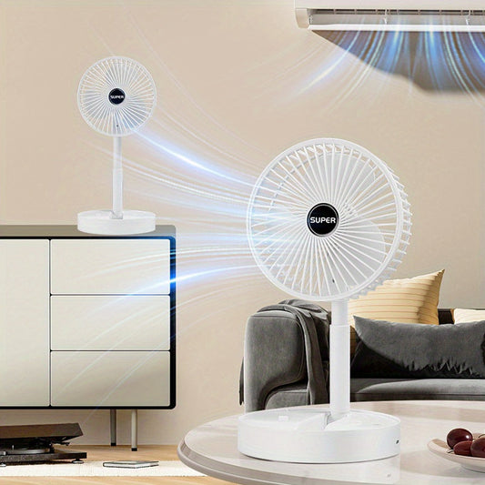 Portable Folding Fan with Telescopic Design - Compact & Versatile, USB Rechargeable for Desk & Outdoor Use, White Color, Includes Built-In Lithium Battery and Power Cable