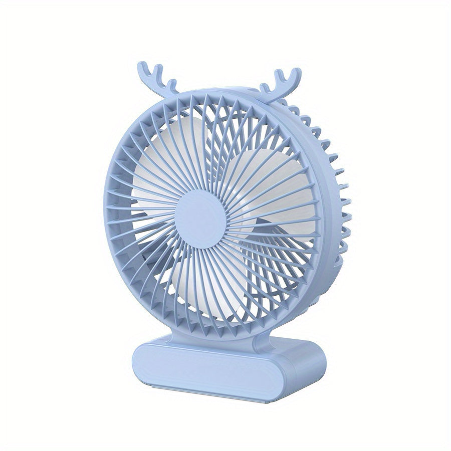 Stay Cool with our Deer-Inspired USB Desktop Fan - Compact, Quiet, and Portable in Blue & Green. Perfect for Office, Travel, and Camping, Powered by a Rechargeable Lithium Battery. Enjoy Indoor Airflow Anywhere with Durable Fan Blades.