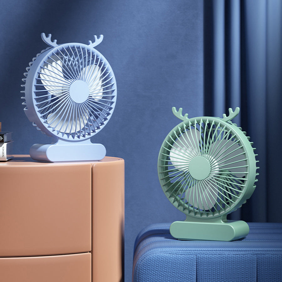 Stay Cool with our Deer-Inspired USB Desktop Fan - Compact, Quiet, and Portable in Blue & Green. Perfect for Office, Travel, and Camping, Powered by a Rechargeable Lithium Battery. Enjoy Indoor Airflow Anywhere with Durable Fan Blades.