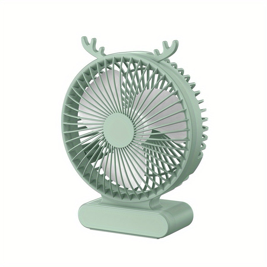 Stay Cool with our Deer-Inspired USB Desktop Fan - Compact, Quiet, and Portable in Blue & Green. Perfect for Office, Travel, and Camping, Powered by a Rechargeable Lithium Battery. Enjoy Indoor Airflow Anywhere with Durable Fan Blades.