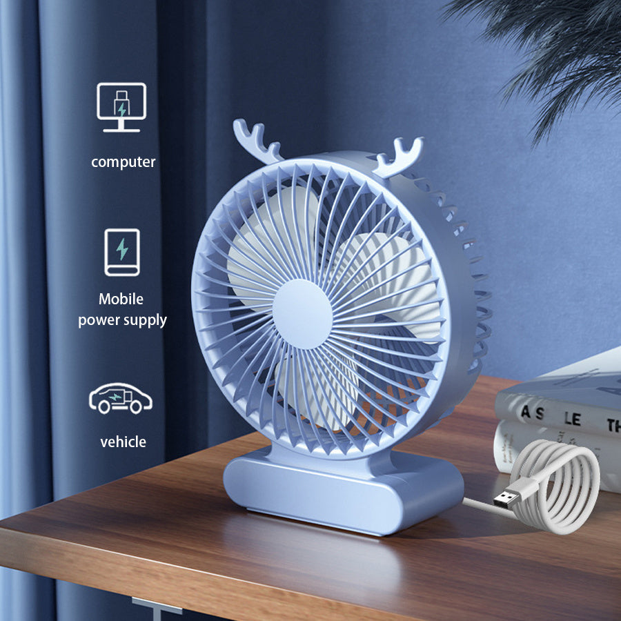 Stay Cool with our Deer-Inspired USB Desktop Fan - Compact, Quiet, and Portable in Blue & Green. Perfect for Office, Travel, and Camping, Powered by a Rechargeable Lithium Battery. Enjoy Indoor Airflow Anywhere with Durable Fan Blades.