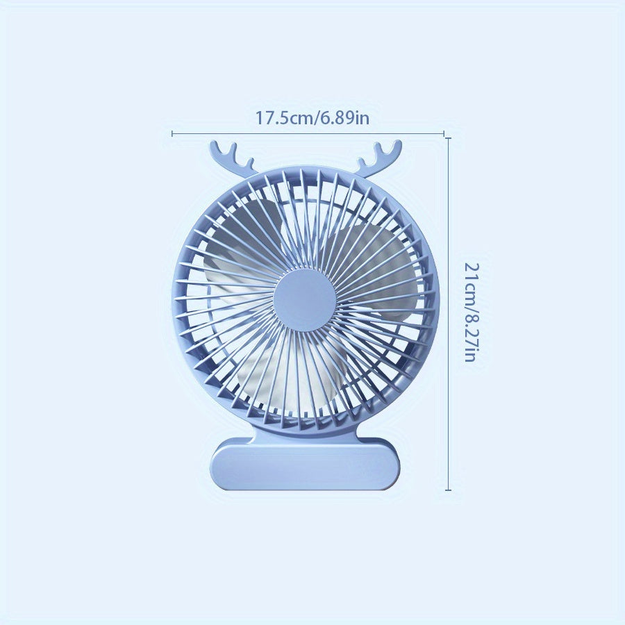 Stay Cool with our Deer-Inspired USB Desktop Fan - Compact, Quiet, and Portable in Blue & Green. Perfect for Office, Travel, and Camping, Powered by a Rechargeable Lithium Battery. Enjoy Indoor Airflow Anywhere with Durable Fan Blades.