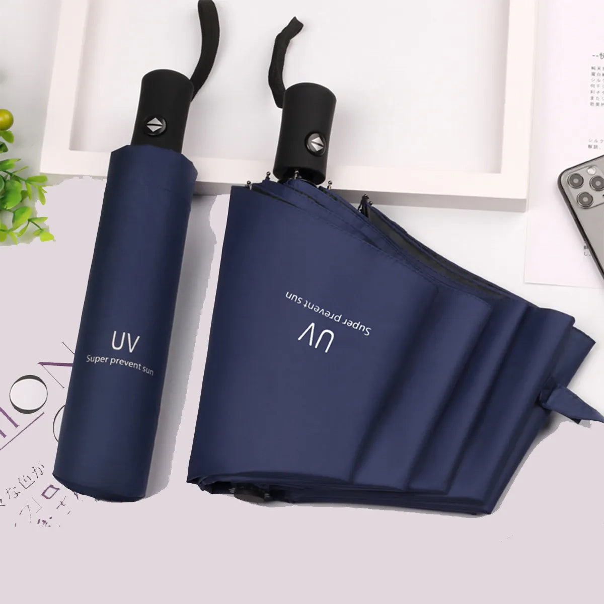 Compact automatic folding waterproof umbrella with UV protection, ideal for outdoor activities and daily commuting.