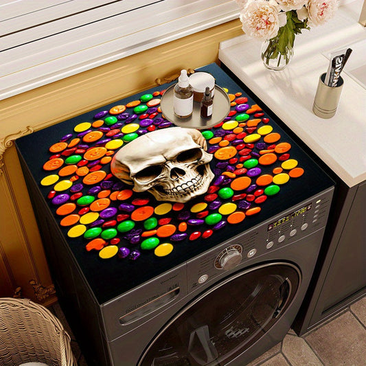 Washing Machine, Coffee Machine, and Tableware Drying Mat Set for Halloween Decor - Includes Home Decoration Mat, Dust-proof Cover, Non-slip Refrigerator Countertop Mat - Pumpkin and Skull Pattern