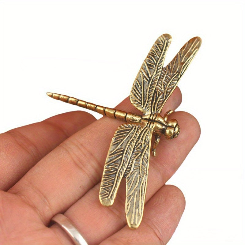 Old-style brass dragonfly figurine - antique home and office décor, unique tea pet collectible.