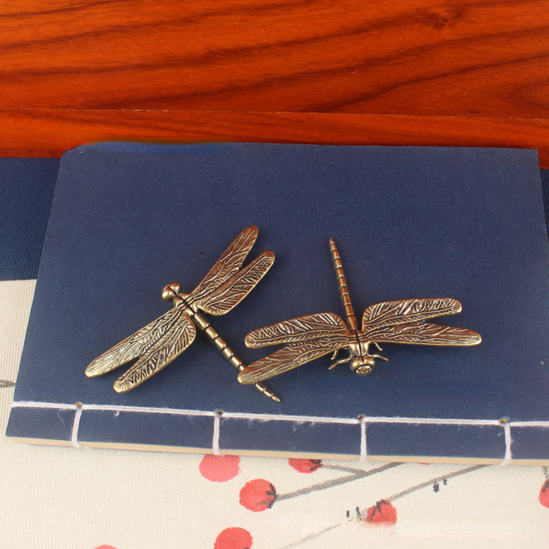 Old-style brass dragonfly figurine - antique home and office décor, unique tea pet collectible.