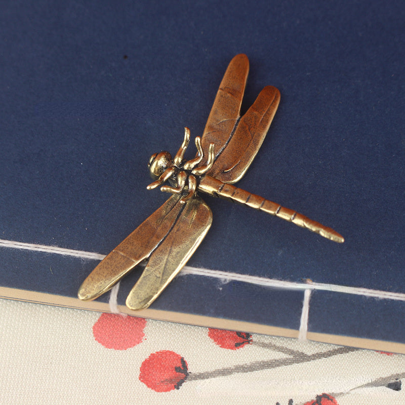 Old-style brass dragonfly figurine - antique home and office décor, unique tea pet collectible.