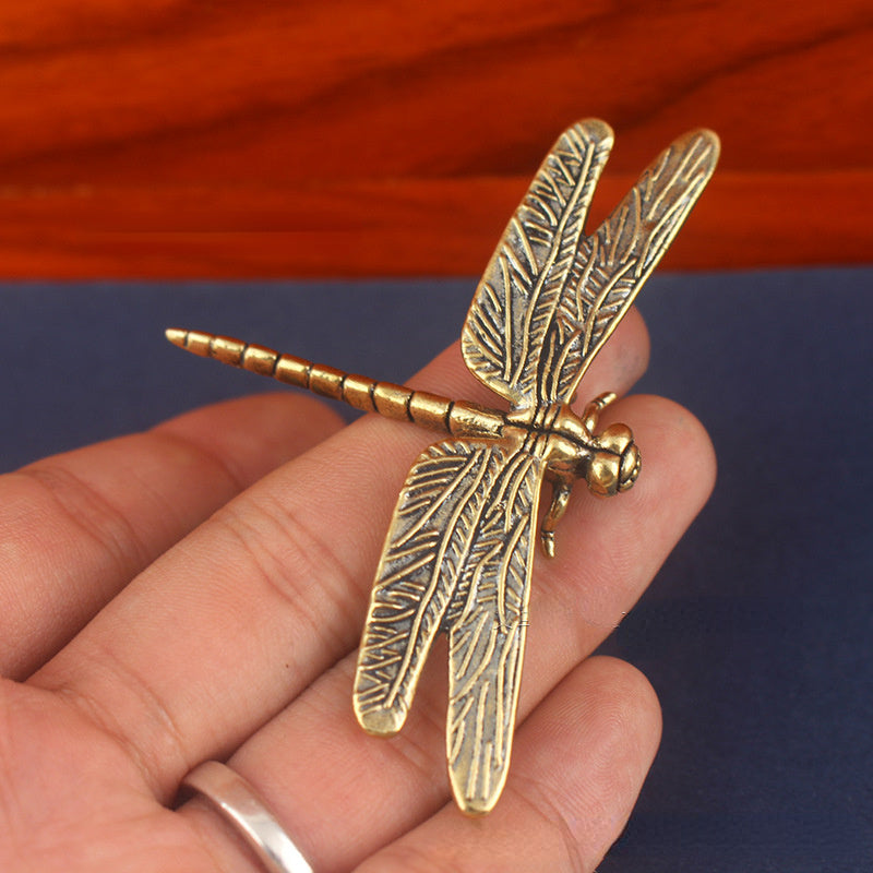 Old-style brass dragonfly figurine - antique home and office décor, unique tea pet collectible.