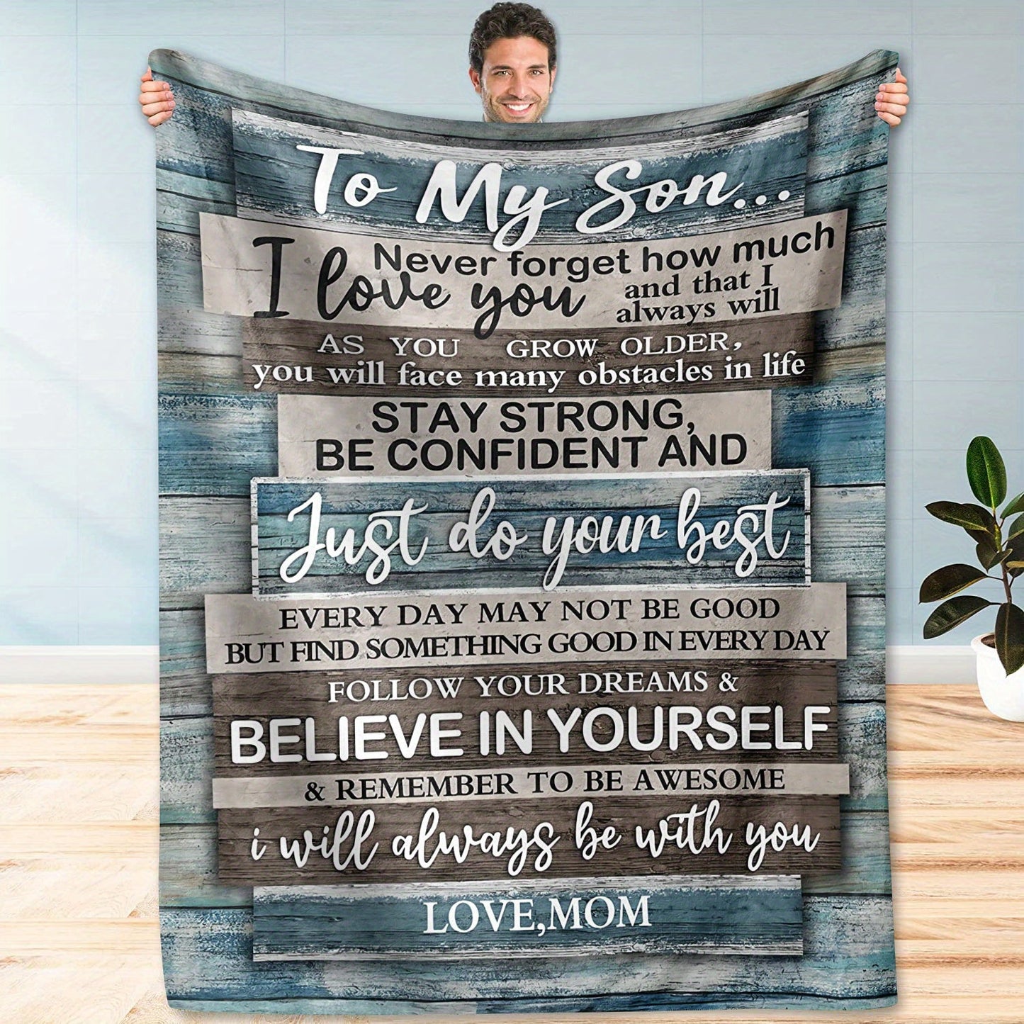 A cozy flannel throw blanket with a vintage-inspired quote, perfect for your son from Mom. This all-season blanket features a soft digital print on knitted polyester, making it versatile for any use. With a loving message woven into the design, this