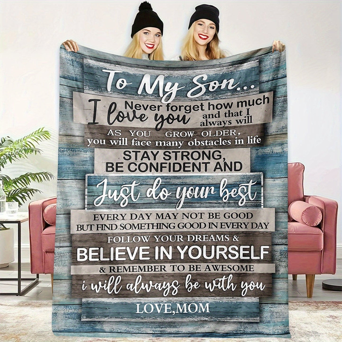 A cozy flannel throw blanket with a vintage-inspired quote, perfect for your son from Mom. This all-season blanket features a soft digital print on knitted polyester, making it versatile for any use. With a loving message woven into the design, this