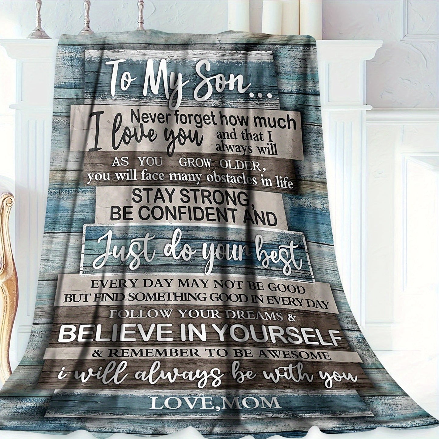 A cozy flannel throw blanket with a vintage-inspired quote, perfect for your son from Mom. This all-season blanket features a soft digital print on knitted polyester, making it versatile for any use. With a loving message woven into the design, this