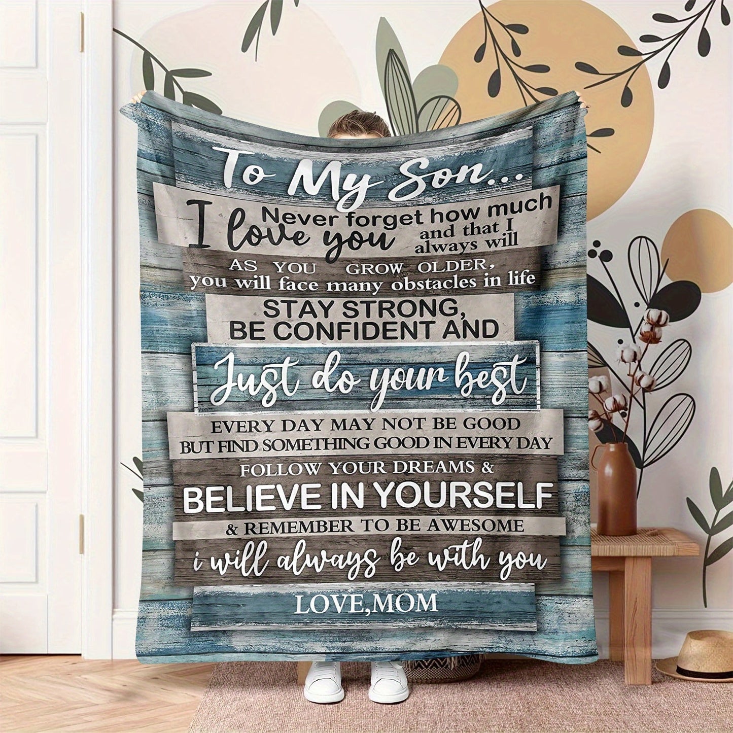 A cozy flannel throw blanket with a vintage-inspired quote, perfect for your son from Mom. This all-season blanket features a soft digital print on knitted polyester, making it versatile for any use. With a loving message woven into the design, this