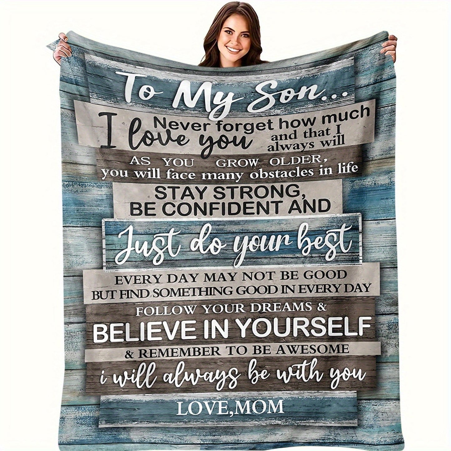 A cozy flannel throw blanket with a vintage-inspired quote, perfect for your son from Mom. This all-season blanket features a soft digital print on knitted polyester, making it versatile for any use. With a loving message woven into the design, this