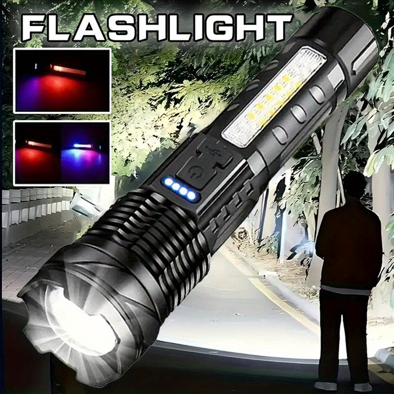 1pc Portable Camping Flashlight, USB Rechargeable LED Handheld Torch with Red-Blue Warning Light for Fishing, Adventure, Emergency, Hiking, Outdoor Searchlight.