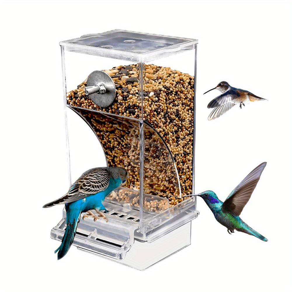 ClearView Automatic Bird Feeder made of acrylic and cage-mounted, no battery needed, ideal for parakeets and medium birds, anti-splatter design, battery not included.