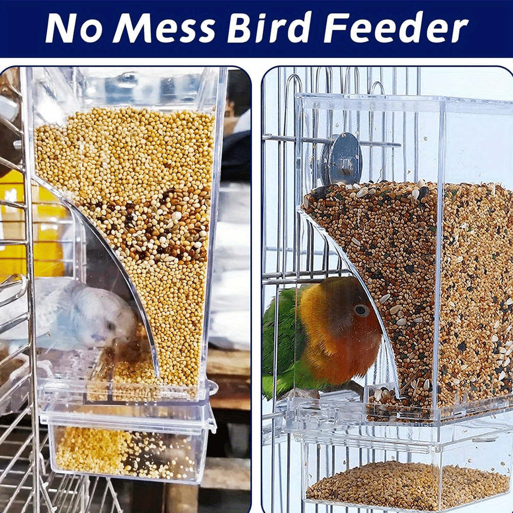 ClearView Automatic Bird Feeder made of acrylic and cage-mounted, no battery needed, ideal for parakeets and medium birds, anti-splatter design, battery not included.