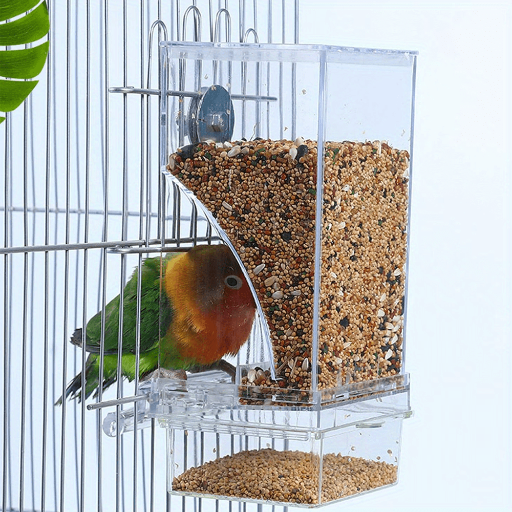 ClearView Automatic Bird Feeder made of acrylic and cage-mounted, no battery needed, ideal for parakeets and medium birds, anti-splatter design, battery not included.