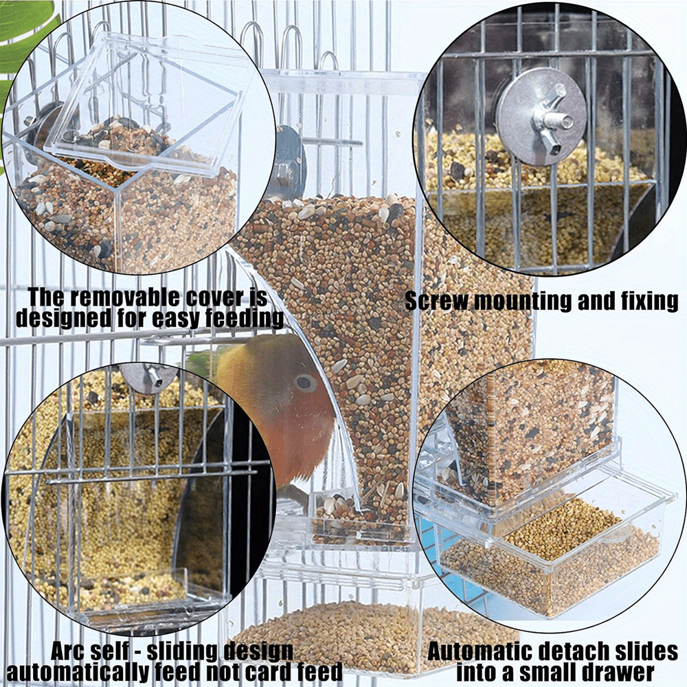 ClearView Automatic Bird Feeder made of acrylic and cage-mounted, no battery needed, ideal for parakeets and medium birds, anti-splatter design, battery not included.