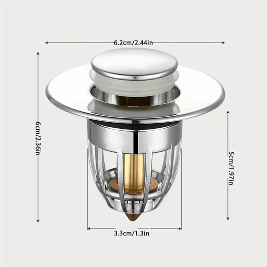 Pop-Up Sink Stopper with anti-odor feature, hair catcher, and durable plastic core for washbasin and bathtub.