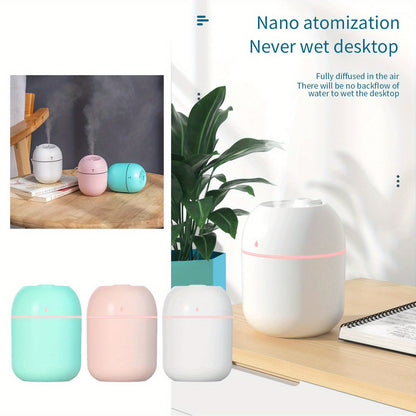 Compact USB-powered aromatherapy machine with humidifier, colorful lamp, spray function, and night light. Perfect for car, desk, bedroom, living room, and office.