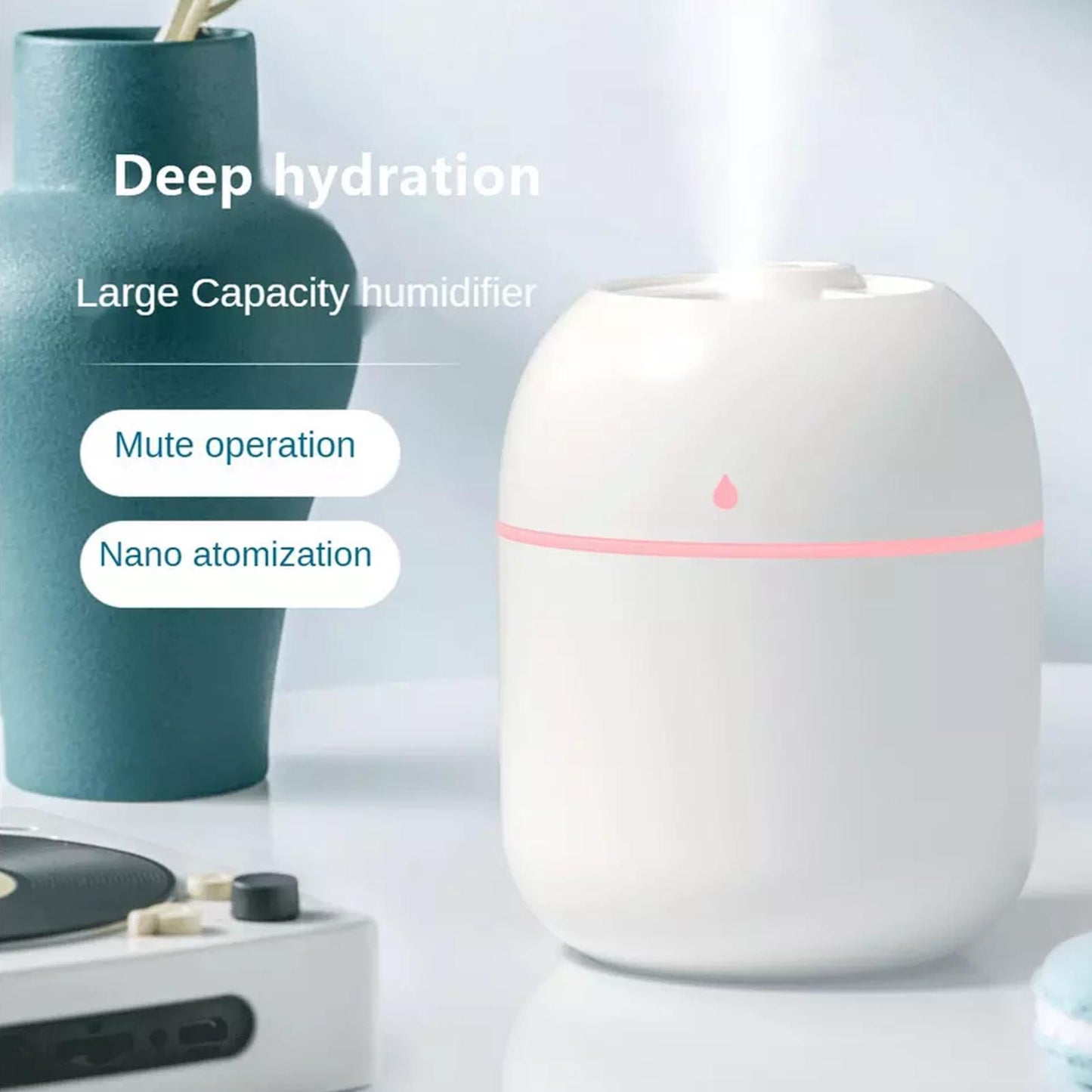 Compact USB-powered aromatherapy machine with humidifier, colorful lamp, spray function, and night light. Perfect for car, desk, bedroom, living room, and office.