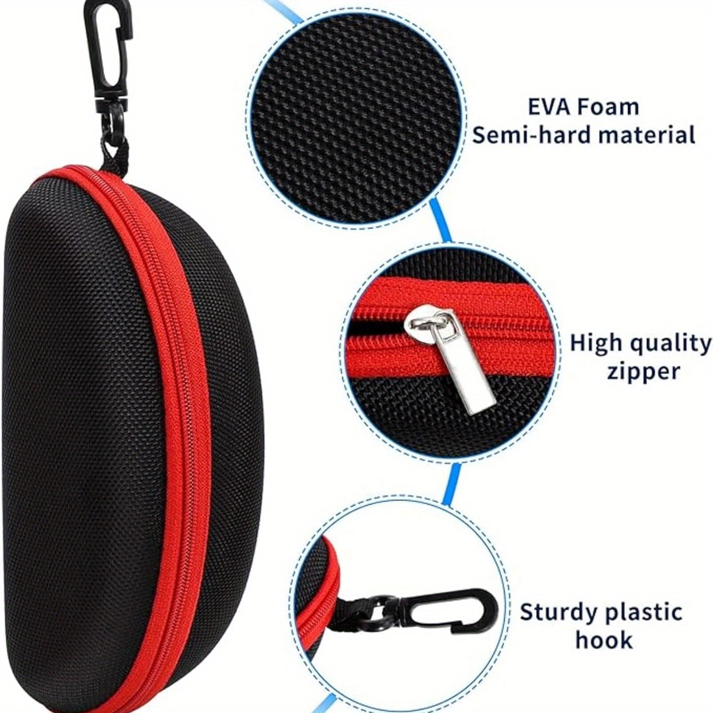 Set of 6 semi-hard sunglass cases with zipper and carabiner hook for travel - protect your eyeglasses on the go