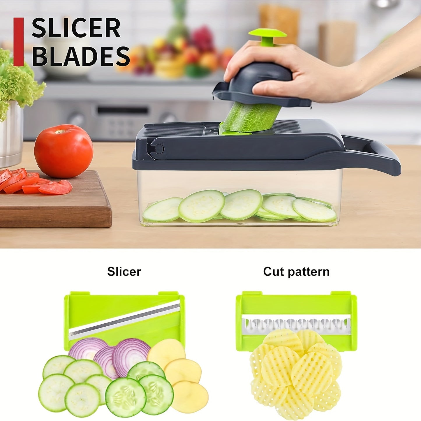 16-in-1 Vegetable Chopper - Manual Slicer Dicer with Container, Mandoline for Onion, Carrot, Garlic - Plastic Kitchen Gadget Set with Drain Basket.