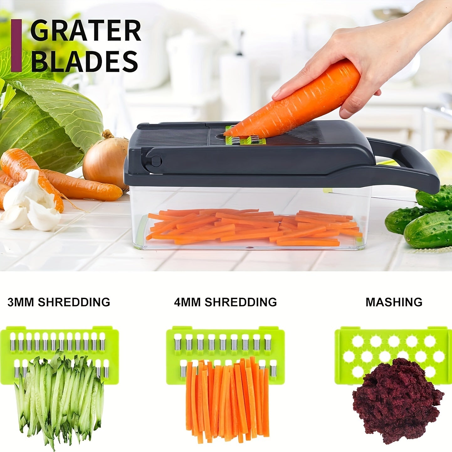 16-in-1 Vegetable Chopper - Manual Slicer Dicer with Container, Mandoline for Onion, Carrot, Garlic - Plastic Kitchen Gadget Set with Drain Basket.