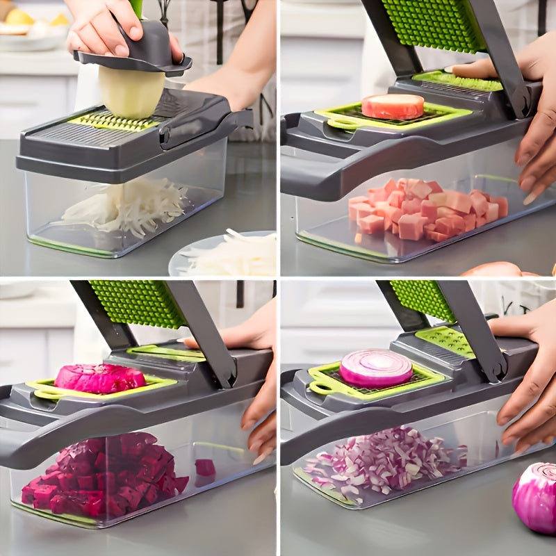 16-in-1 Vegetable Chopper - Manual Slicer Dicer with Container, Mandoline for Onion, Carrot, Garlic - Plastic Kitchen Gadget Set with Drain Basket.