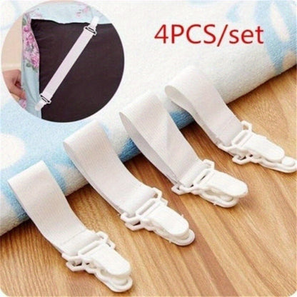 Set of 4 White Elastic Bed Sheet Grippers - Clip-on Fasteners for Mattresses & Blankets, Strong Nylon Straps for a Secure Fit, Keeps Covers in Place