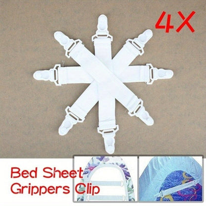 Set of 4 White Elastic Bed Sheet Grippers - Clip-on Fasteners for Mattresses & Blankets, Strong Nylon Straps for a Secure Fit, Keeps Covers in Place