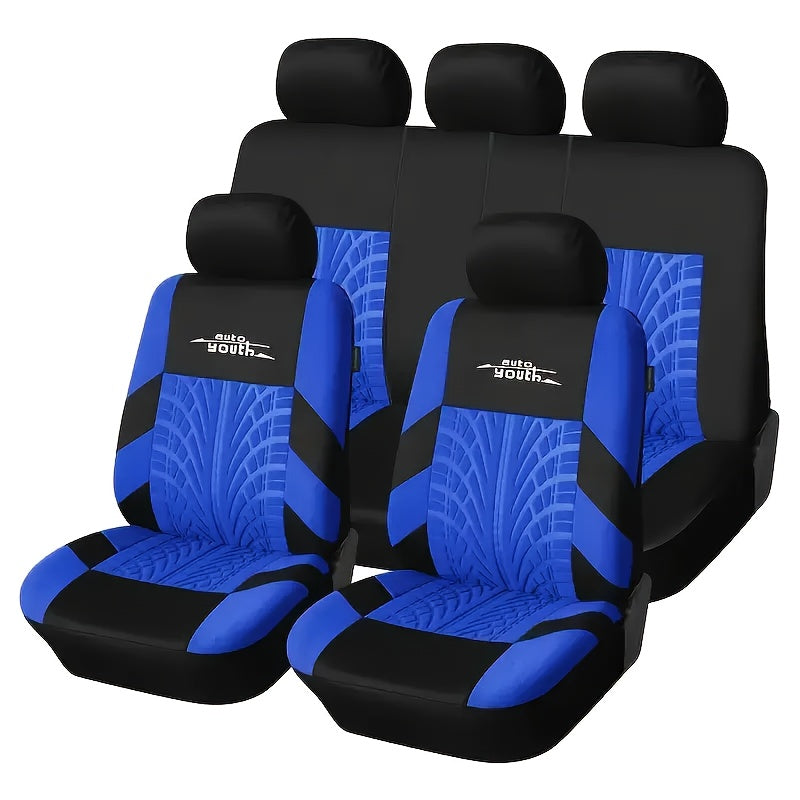 Durable 5-seat car & SUV seat covers made from breathable polyester with tire tread design for easy care.