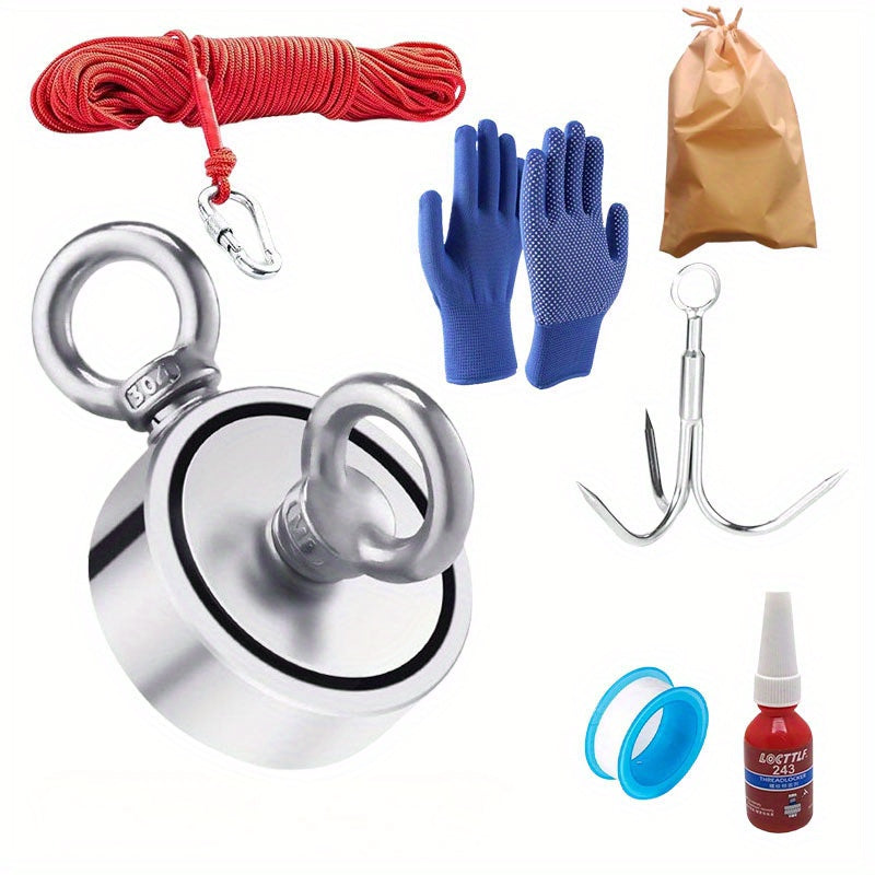 Double-Sided Fishing Magnet Kit with Metal Round Magnet featuring a Hook, Strong Magnetic Retrieval Tool with Rope and Gloves - Perfect for Rivers, Lakes, Beaches and Lawns, Great for Christmas, Halloween, Easter, Hanukkah and Thanksgiving.