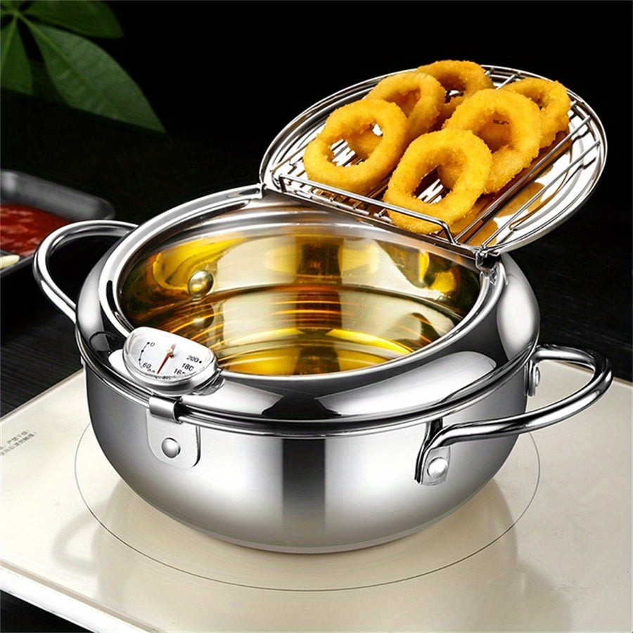 Stainless Steel Deep Fryer - Japanese Tempura Style: Mini Oil-Saving Pot with Temperature Control for Home and Restaurant Cooking