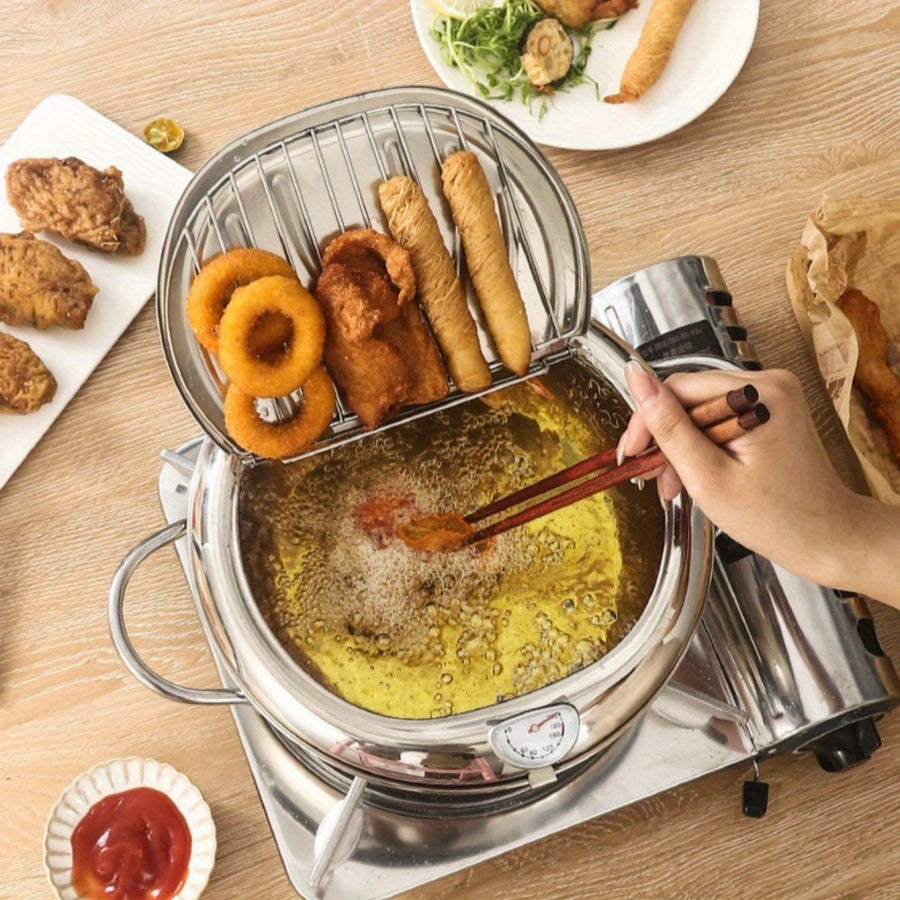 Stainless Steel Deep Fryer - Japanese Tempura Style: Mini Oil-Saving Pot with Temperature Control for Home and Restaurant Cooking