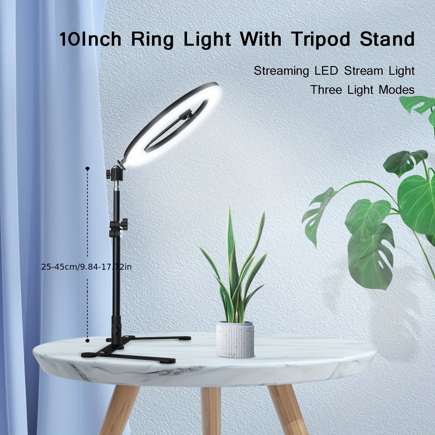 10-inch USB-powered ring light with tripod stand. Features 3 light modes and 10 brightness levels. Ideal for photography, video streaming, makeup, and cooking. Made of PP material, operates