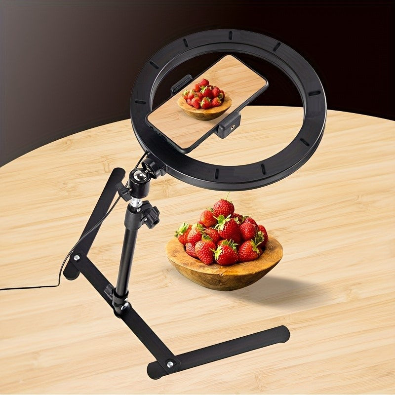 26.01cm LED Ring Light on tripod stand, USB powered for selfies, photography, and live streaming.