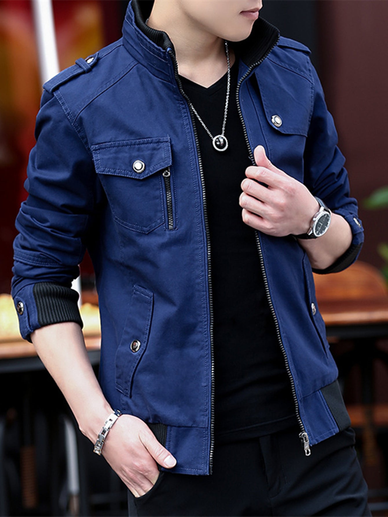 Men's Solid Color Cargo Jacket with Multi-Pocket Design, Stylish Long Sleeve Stand Collar Coat. Perfect for Outdoor Activities, Makes a Great Gift.