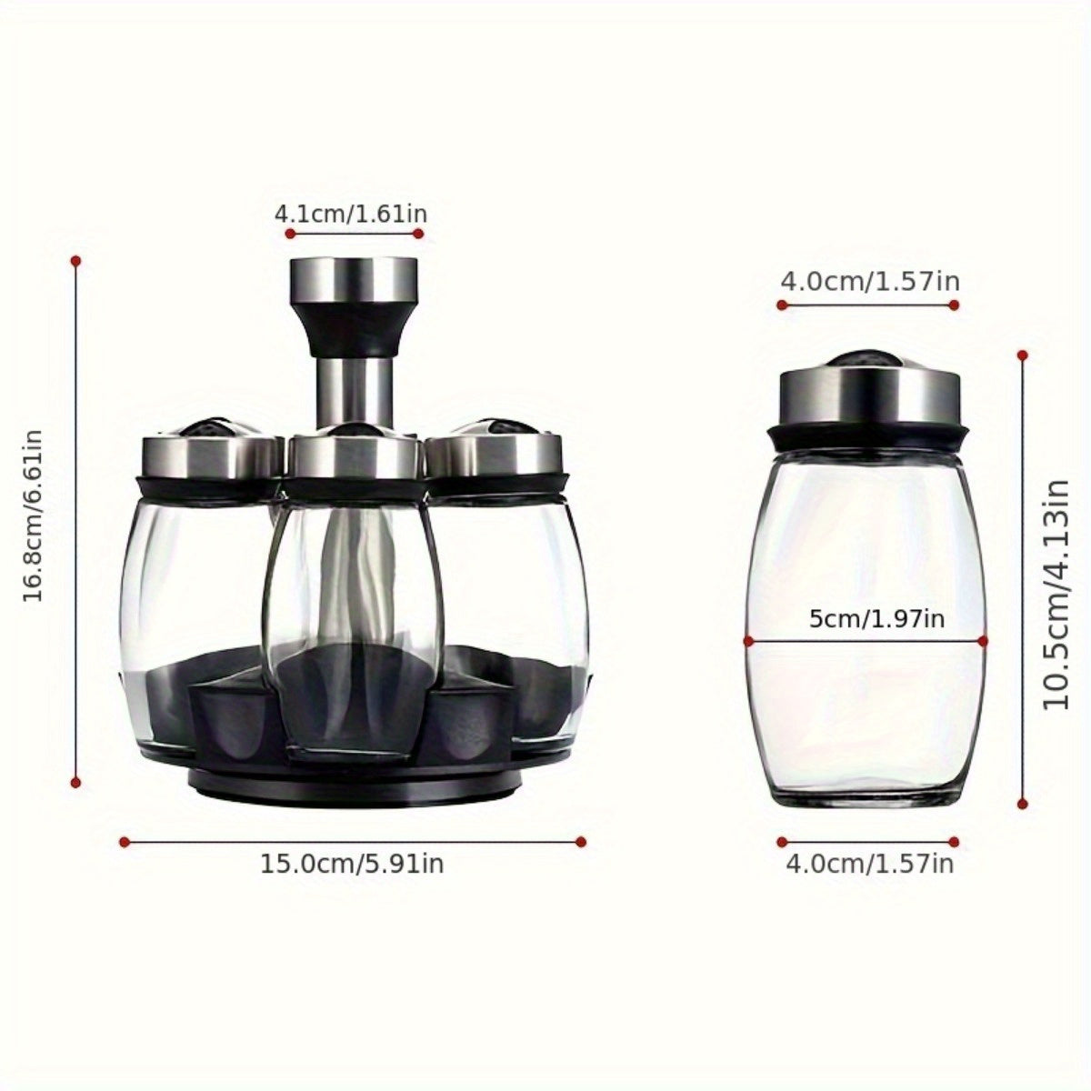 1 Set 7-piece Glass Spice Set with Rotating feature for easy installation. Made of glass, includes salt and pepper shakers. Great for kitchen storage.