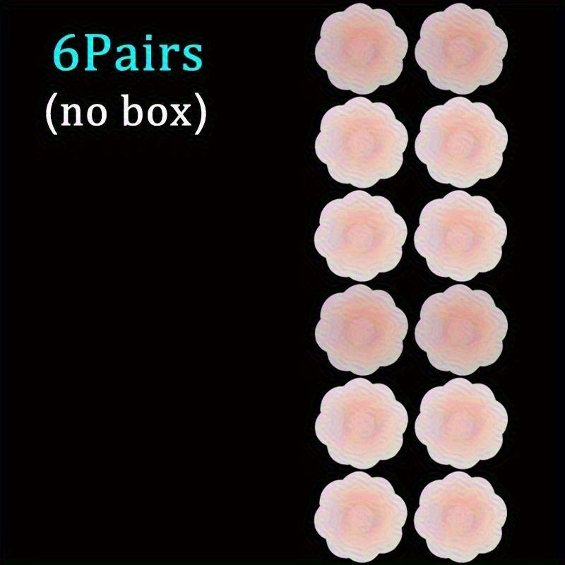 12 pairs of reusable silicone nipple covers with adhesive pads, ideal for invisible bras and pasties, hand washable.