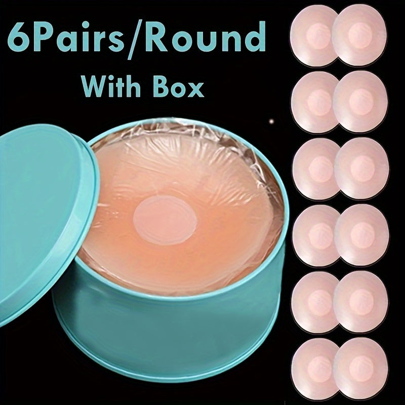 12 pairs of reusable silicone nipple covers with adhesive pads, ideal for invisible bras and pasties, hand washable.