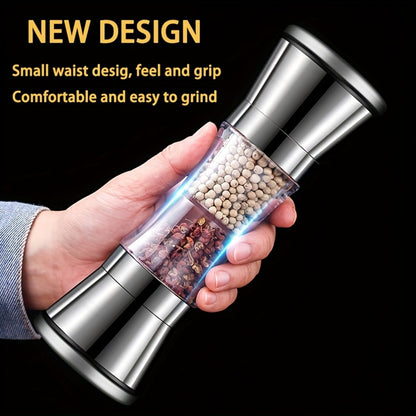 2-in-1 Salt and Pepper Grinder Set with adjustable coarseness, dual chamber shaker with glass viewing window, kitchen gadget gift for chef.