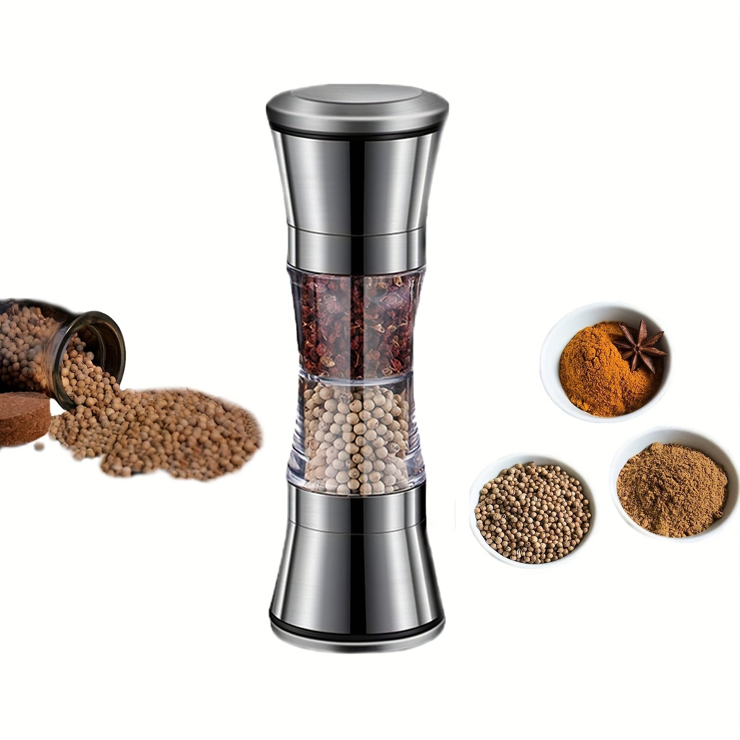 2-in-1 Salt and Pepper Grinder Set with adjustable coarseness, dual chamber shaker with glass viewing window, kitchen gadget gift for chef.