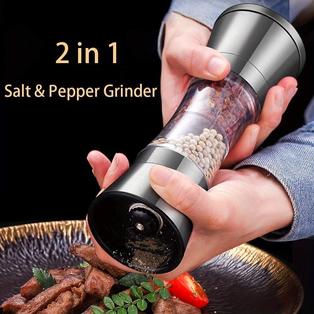 2-in-1 Salt and Pepper Grinder Set with adjustable coarseness, dual chamber shaker with glass viewing window, kitchen gadget gift for chef.