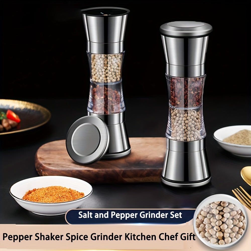 2-in-1 Salt and Pepper Grinder Set with adjustable coarseness, dual chamber shaker with glass viewing window, kitchen gadget gift for chef.