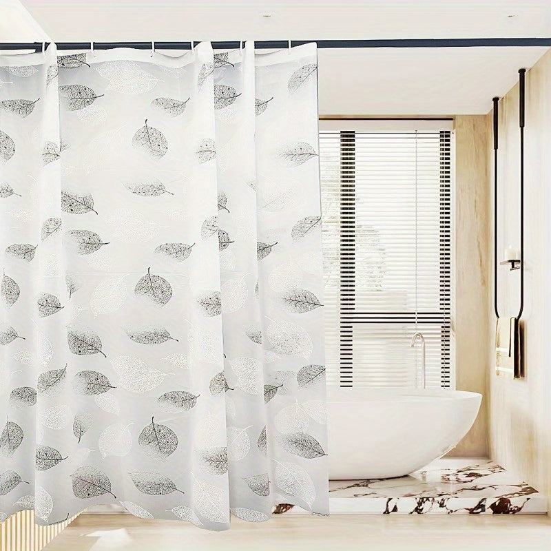 Water-resistant PEVA bath divider with metallic grommets, leaf pattern, easy to wipe clean, includes hooks for bathroom decor - perfect for gifting or home accessory.