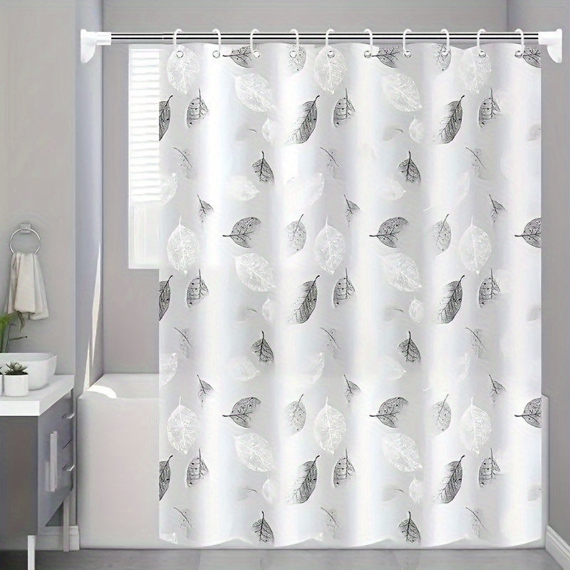 Water-resistant PEVA bath divider with metallic grommets, leaf pattern, easy to wipe clean, includes hooks for bathroom decor - perfect for gifting or home accessory.