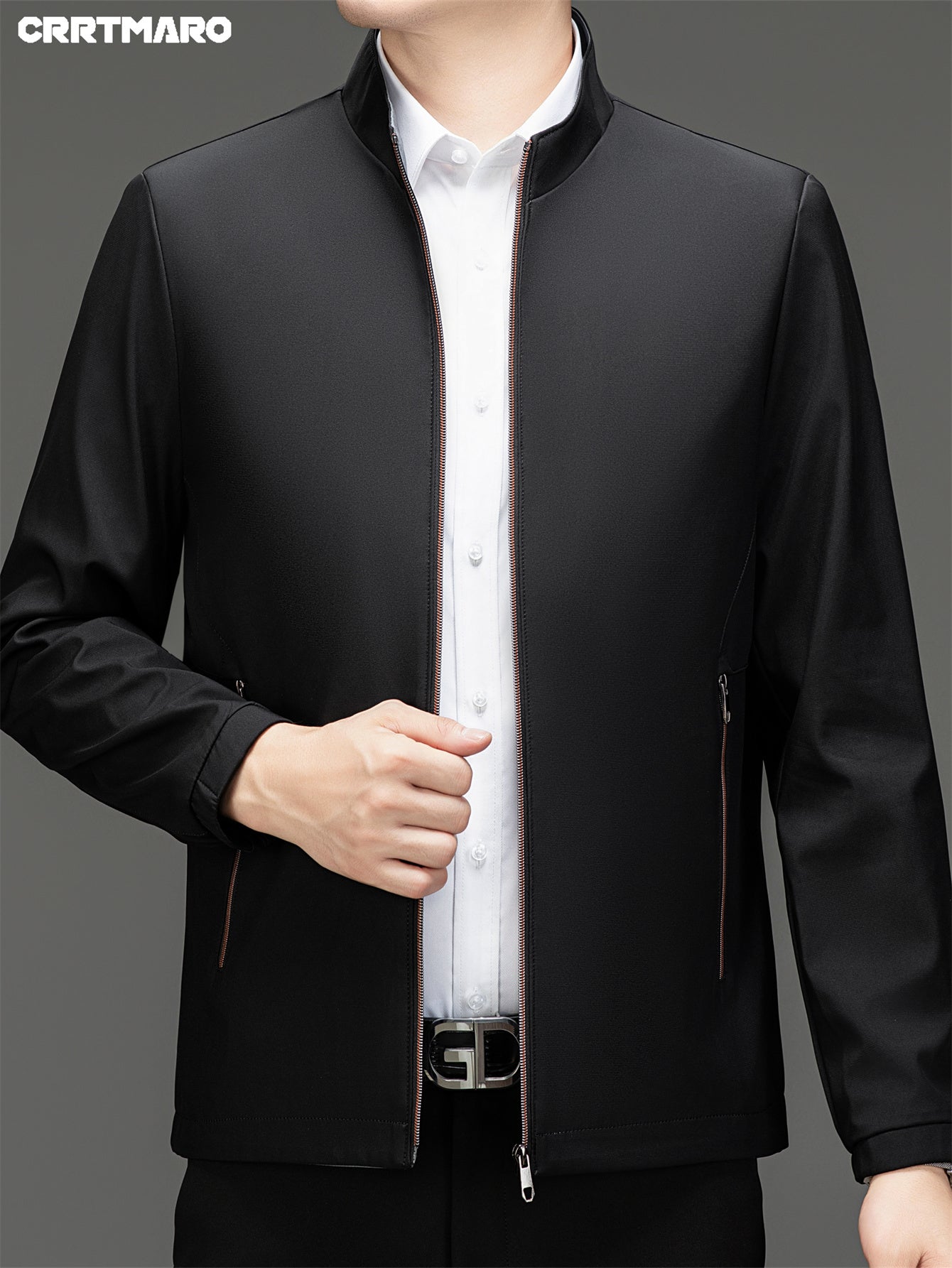 Men's loose solid jacket with zipper pockets, formal stand collar, zip up long sleeve outwear for outdoor.